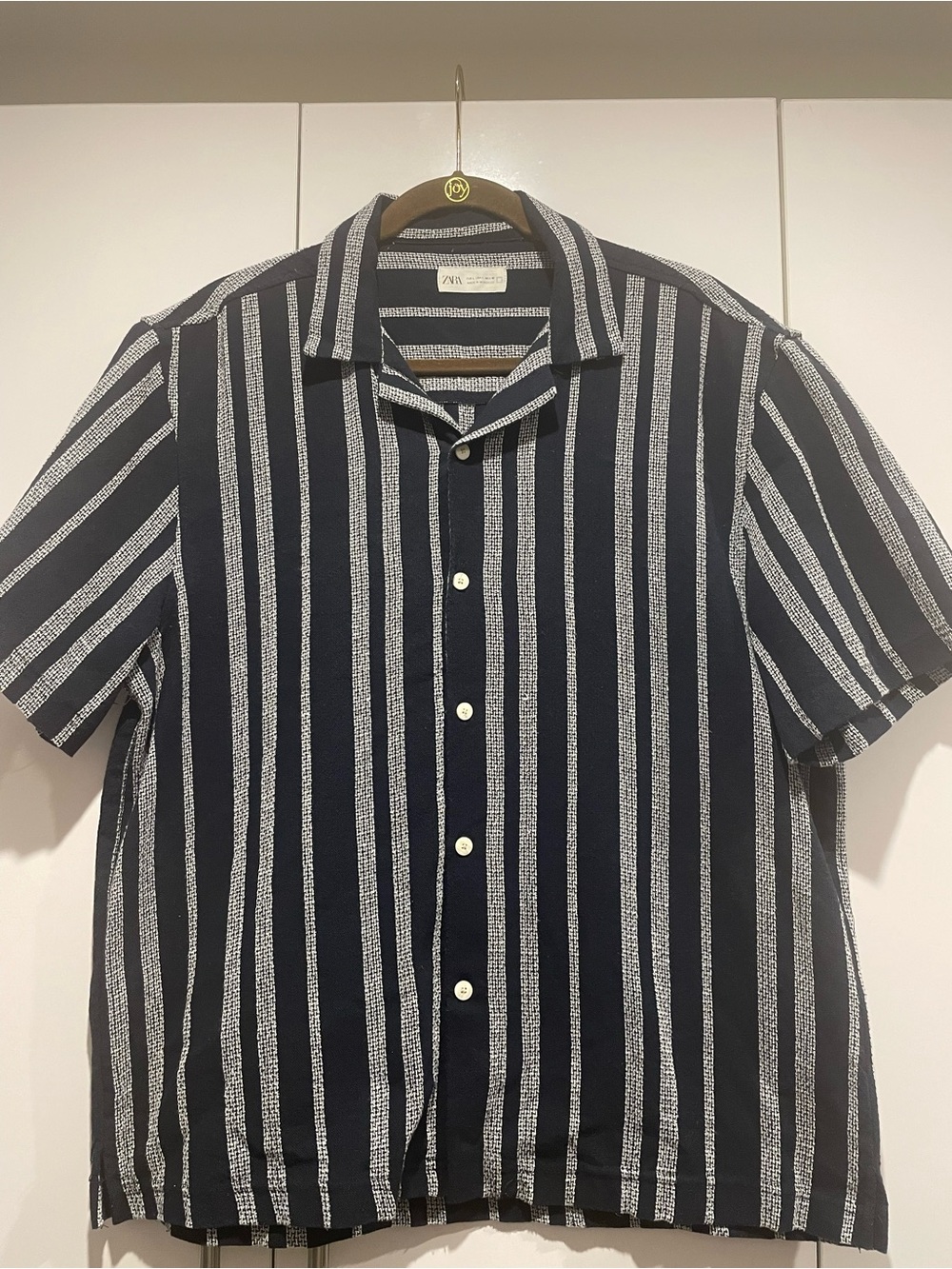 Zara Men Navy & White Vertical Stripe Short-Sleeve Button-Down Shirt
